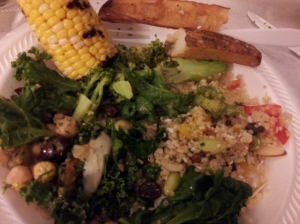 Grilled corn on the cob, Mediterranean  kale salad, tropical quinoa salad, potato, almond broccoli.  